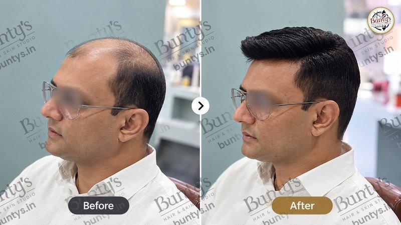 Before and after non-surgical hair replacement for a man with a receding front hairline, short side-parted style, at Bunty's, Old Padra Road Vadodara