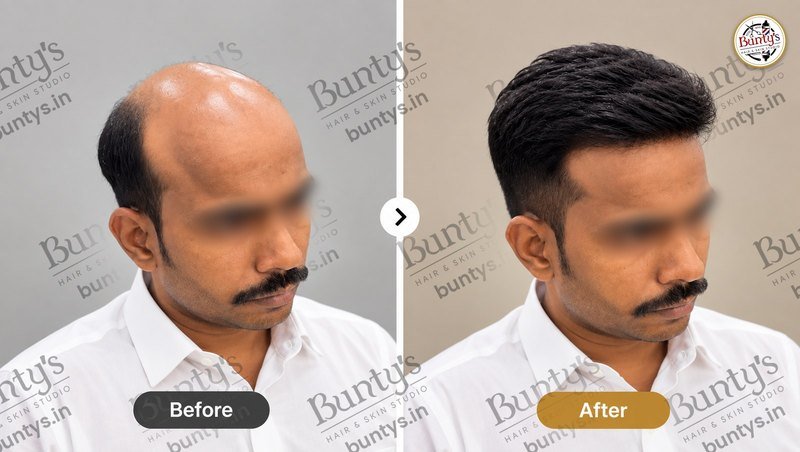 Before and after non-surgical hair replacement covering a bald top, swept-back style, at Bunty's, Old Padra Road Vadodara