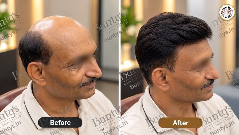 Before and after non-surgical hair replacement for an older client with a bald top, classic short style, at Bunty's, Old Padra Road Vadodara